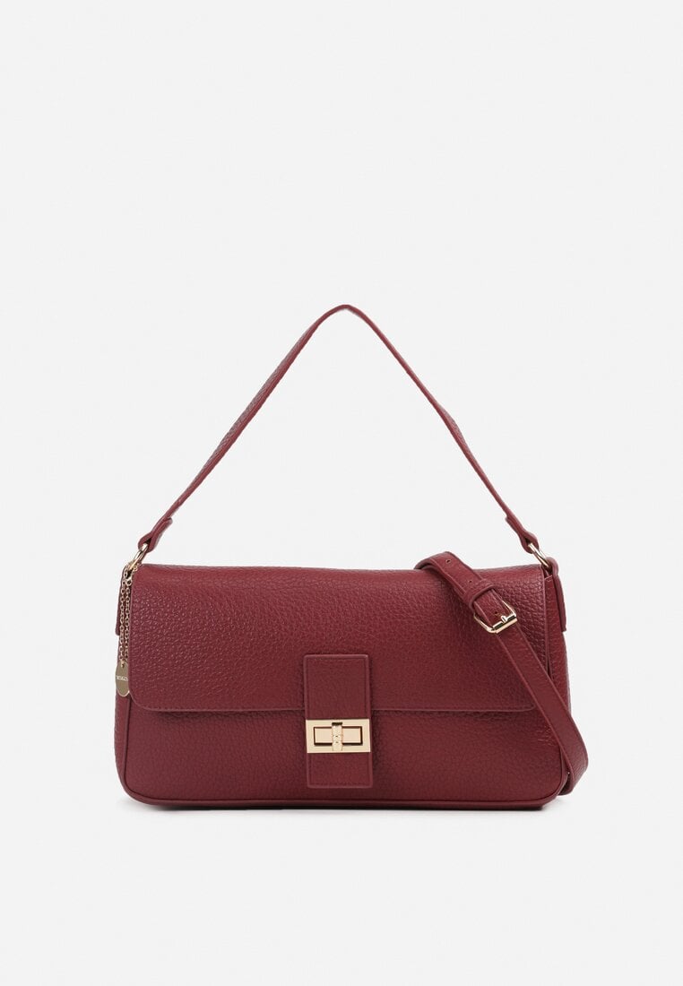 Bordowa Torebka Prostokątna z Metalicznym Breloczkiem i Dodatkowym Paskiem Cremma