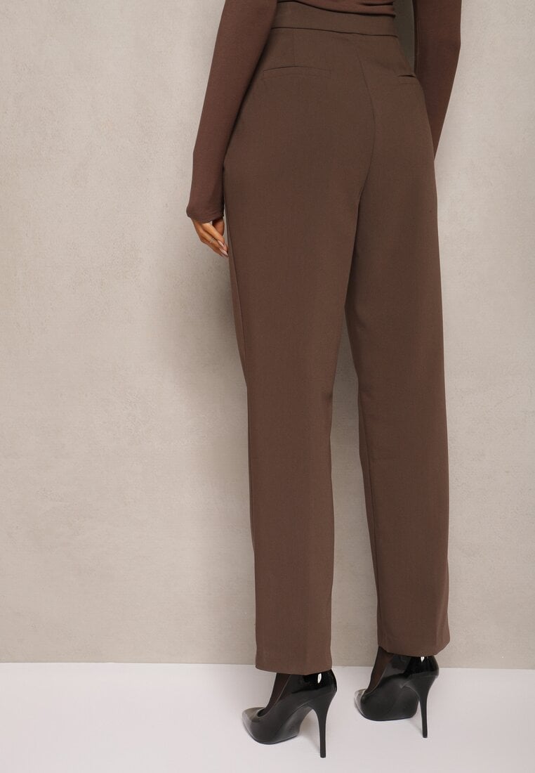 Brązowe Garniturowe Spodnie Cygaretki z Wiskozą High Waist Tialys