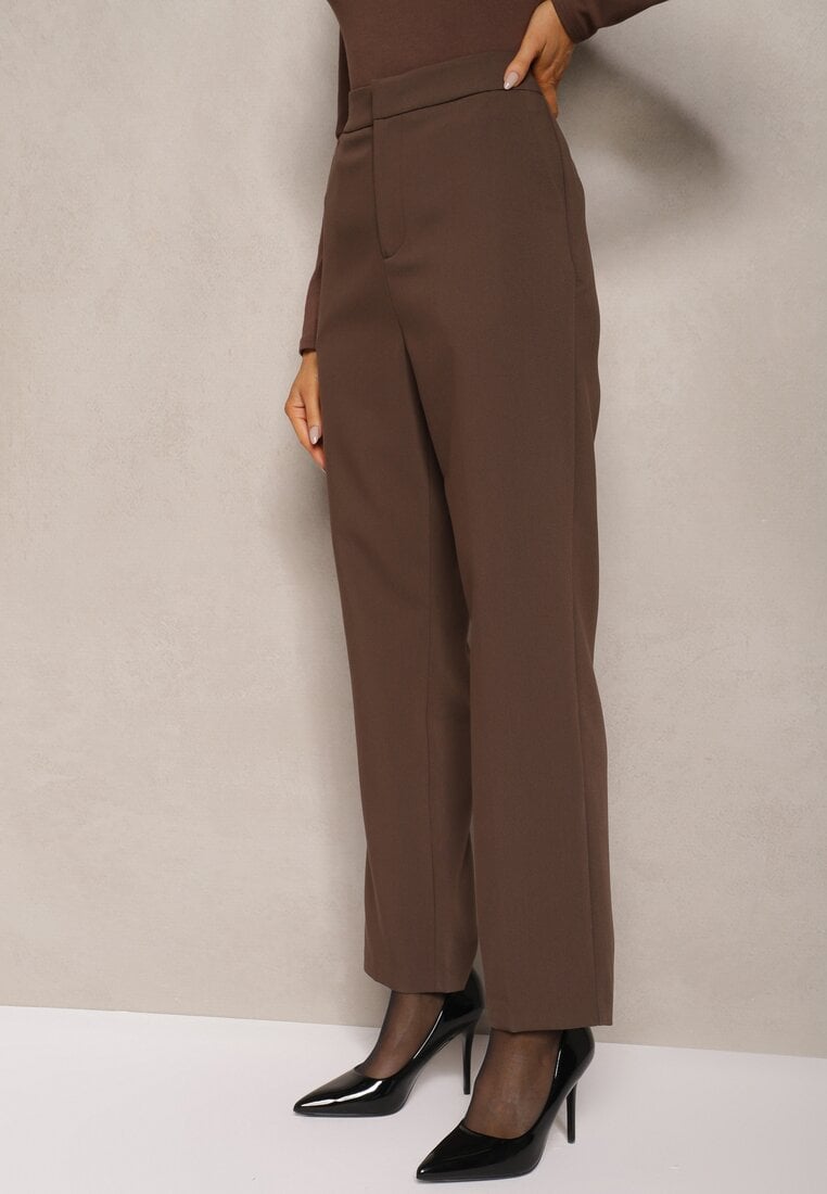 Brązowe Garniturowe Spodnie Cygaretki z Wiskozą High Waist Tialys