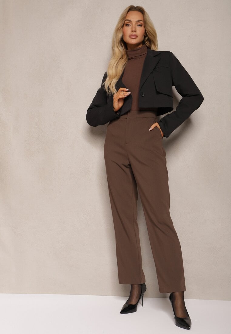 Brązowe Garniturowe Spodnie Cygaretki z Wiskozą High Waist Tialys
