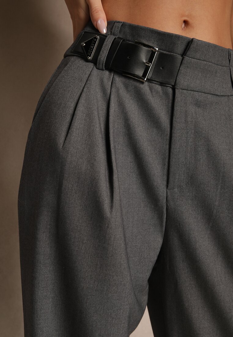 Szare Szerokie Spodnie Garniturowe z Wiskozą High Waist Ozdobione Paskiem Elowanda