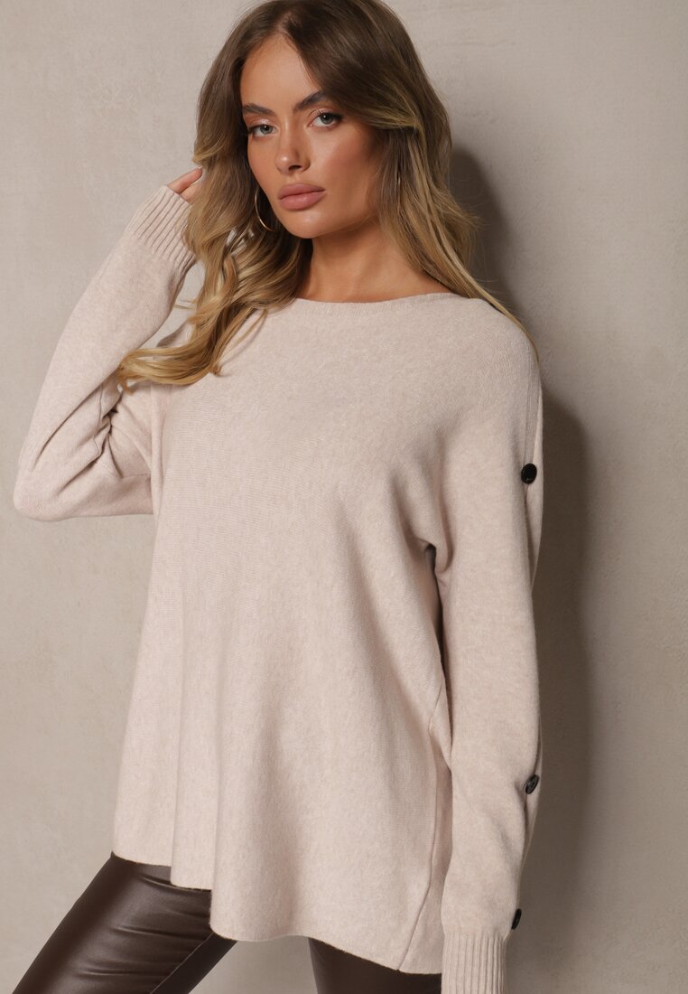 Beżowy Sweter z Wiskozą i Bawełną Ozdobiony Guzikami Ciavonne
