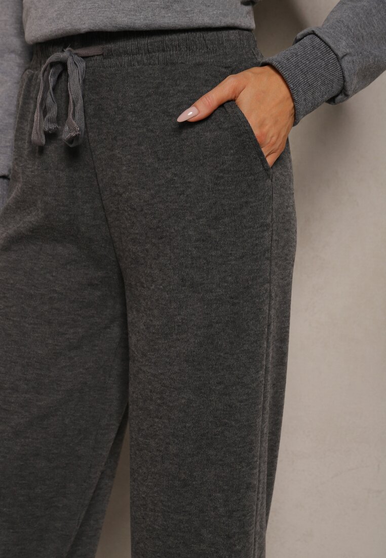 Ciemnoszare Spodnie Dzianinowe o Szerokim Kroju High Waist z Gumką w Pasie i Sznurkiem Creitta