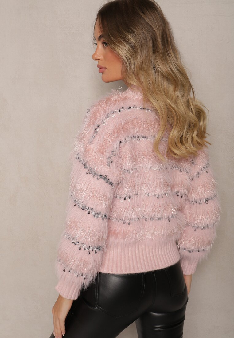 Różowy Sweter z Wiskozą o Fakturze Imitacji Piór w Paski Nerisara