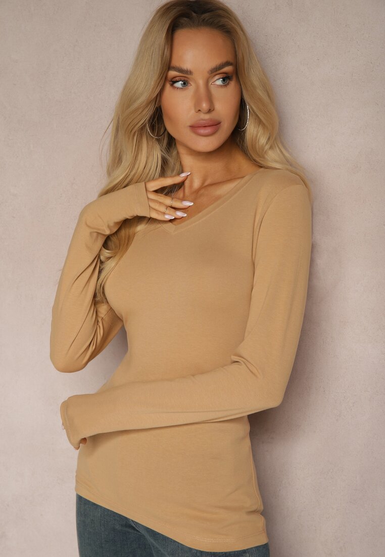Ciemnobeżowa Bluzka Bawełniana Typu Longsleeve Mialoraea