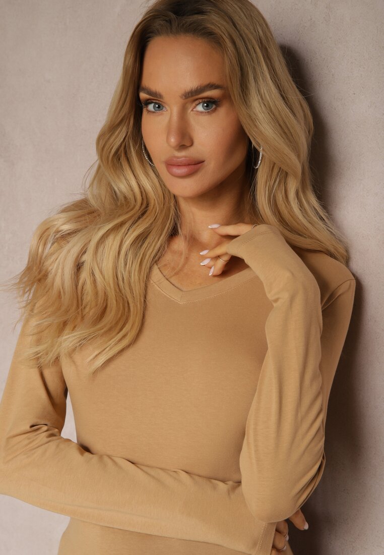 Ciemnobeżowa Bluzka Bawełniana Typu Longsleeve Mialoraea
