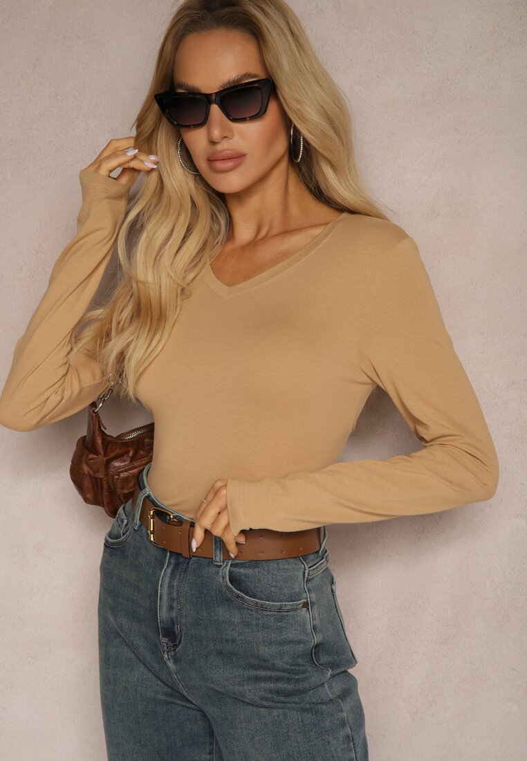 Ciemnobeżowa Bluzka Bawełniana Typu Longsleeve Mialoraea