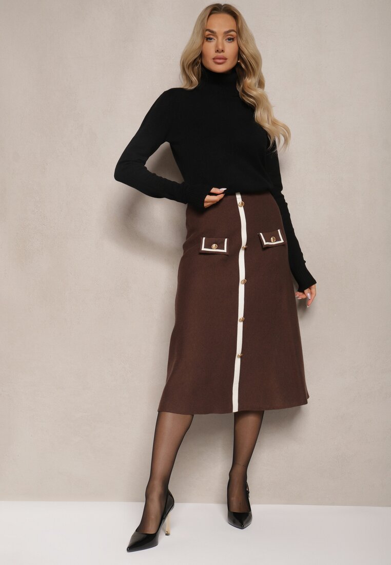 Brązowa Spódnica High Waist z Guzikami Imitacją Kieszeni i Gumką w Pasie Melorana