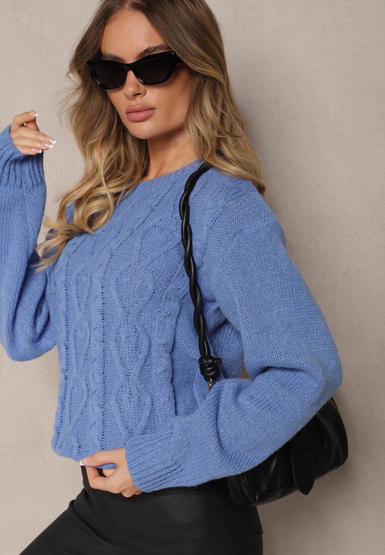 Niebieski Sweter z Wełną Ozdobnym Splotem i Ściągaczem Nariae