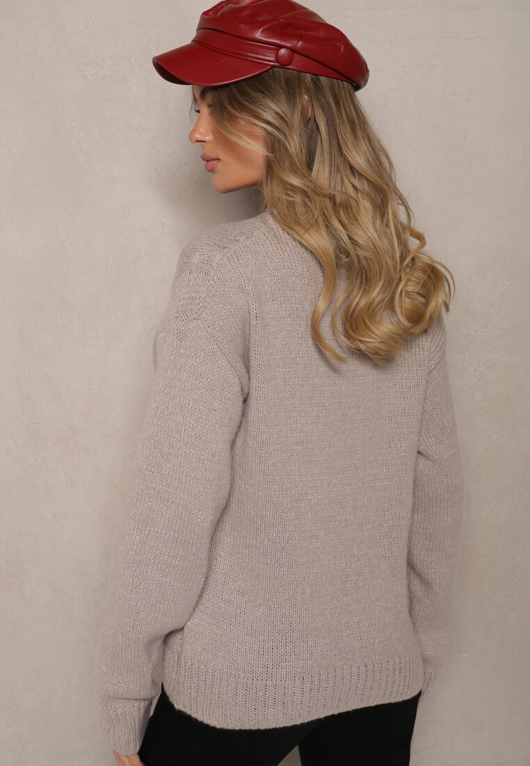 Szary Sweter z Wełną Ozdobnym Splotem i Ściągaczem Nariae