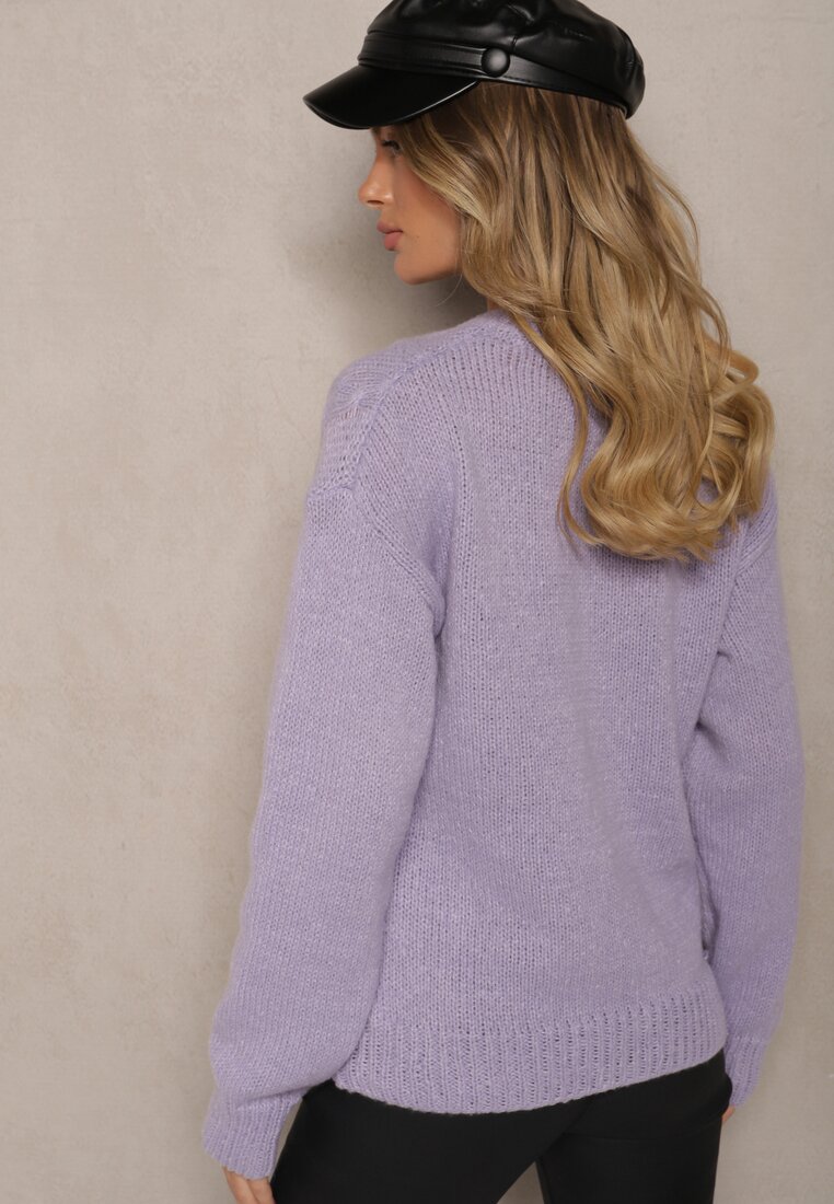 Ciemnofioletowy Sweter z Wełną Ozdobnym Splotem i Ściągaczem Nariae