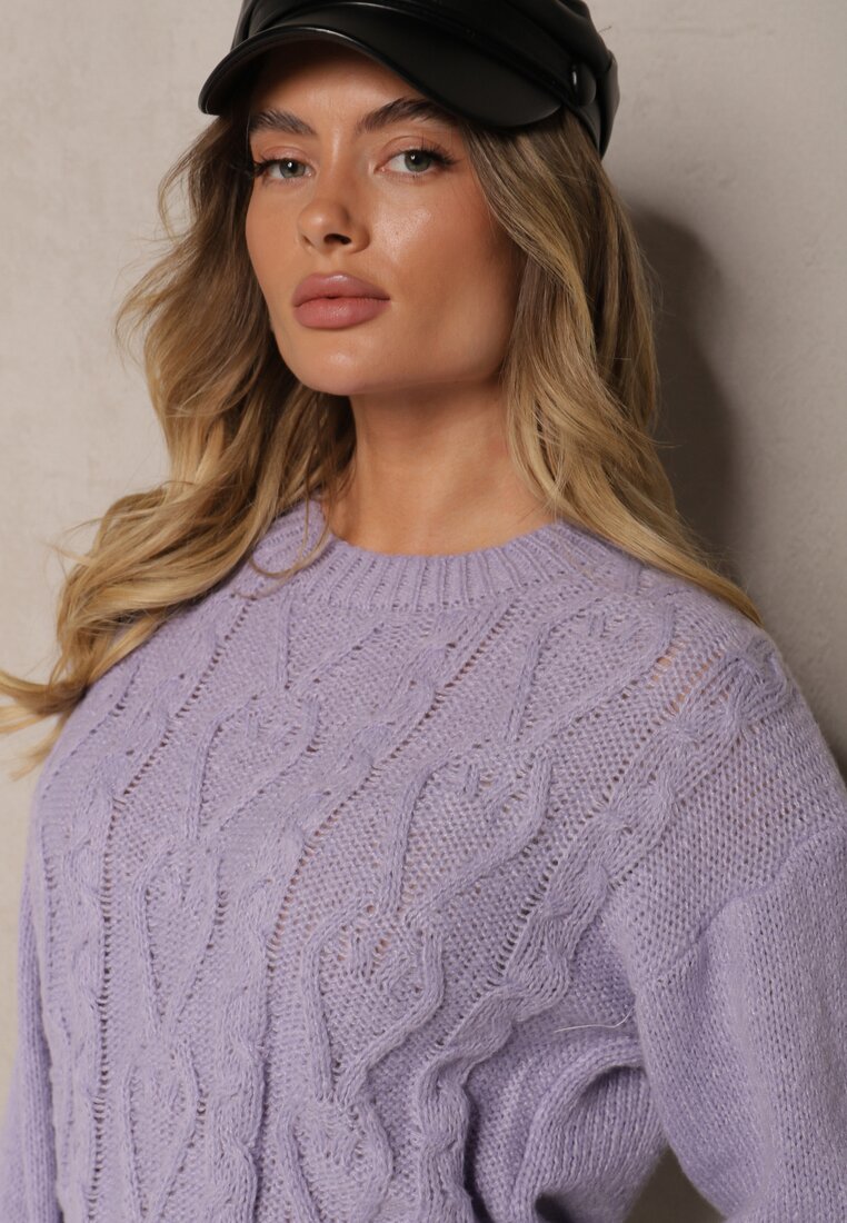 Ciemnofioletowy Sweter z Wełną Ozdobnym Splotem i Ściągaczem Nariae