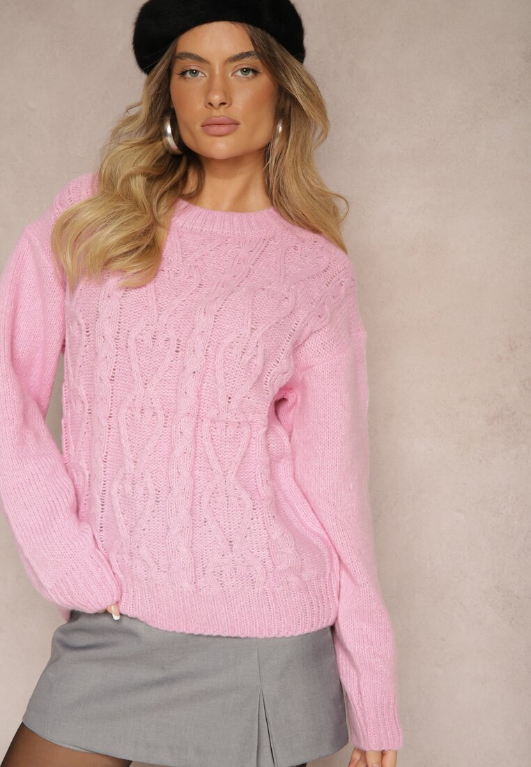 Różowy Sweter z Wełną Ozdobnym Splotem i Ściągaczem Nariae