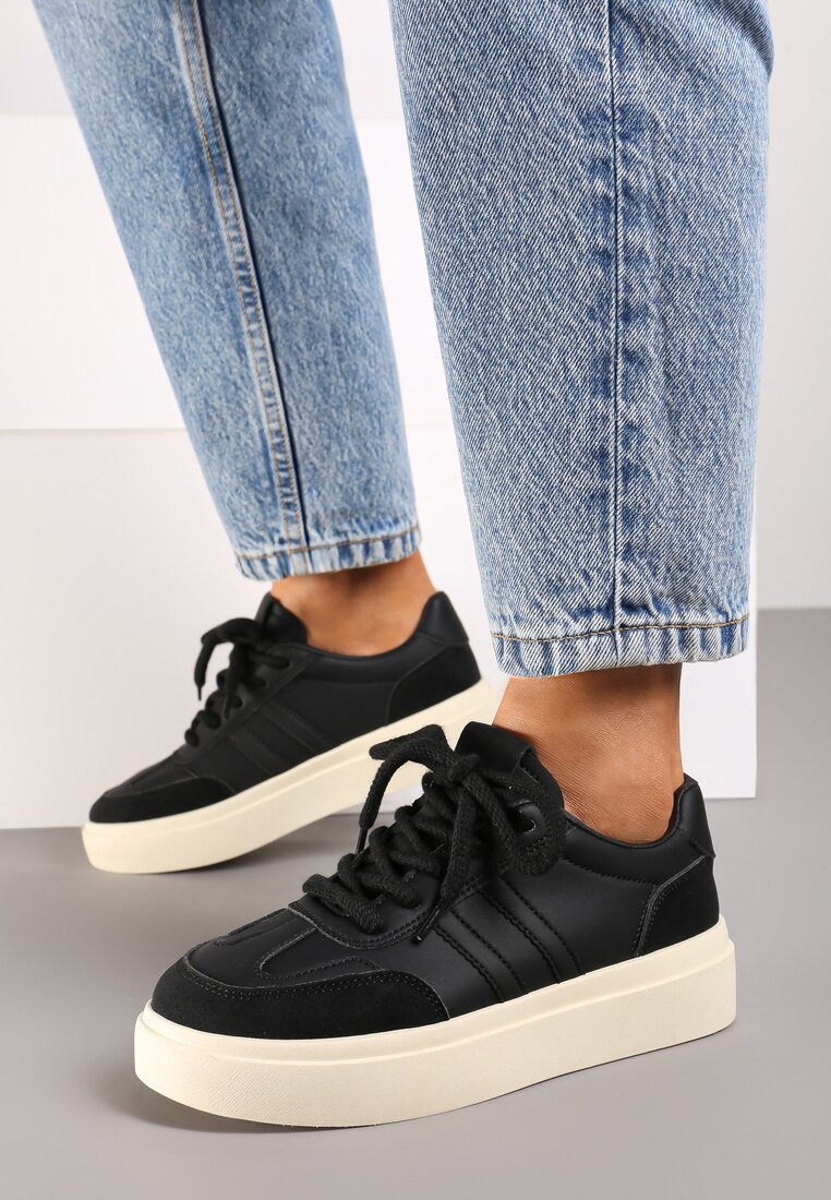 Czarne Sznurowane Sneakersy na Platformie Ozdobione Paskami Tialise