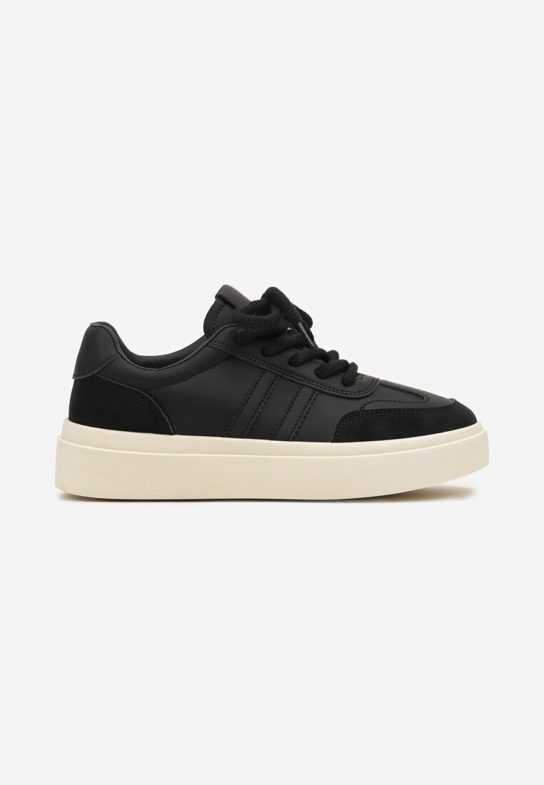 Czarne Sznurowane Sneakersy na Platformie Ozdobione Paskami Tialise