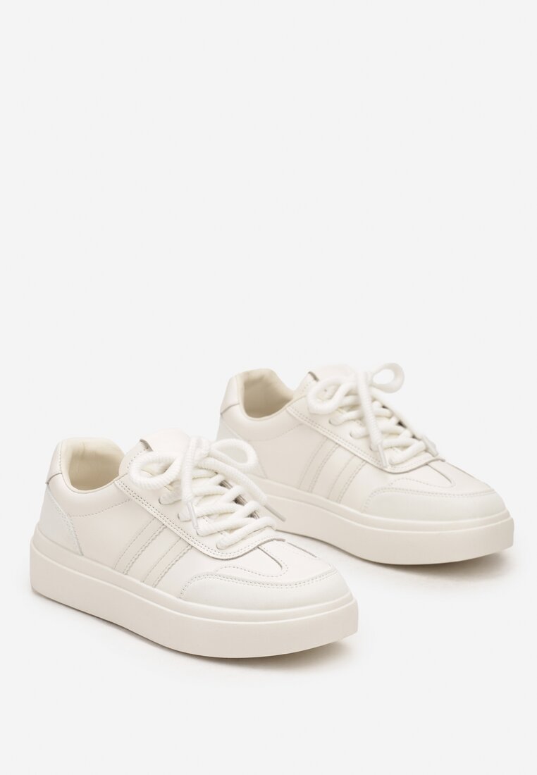 Białe Sznurowane Sneakersy na Platformie Ozdobione Paskami Tialise