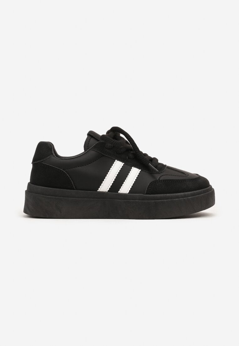 Czarno-Białe Sznurowane Sneakersy na Platformie Ozdobione Paskami Tialise