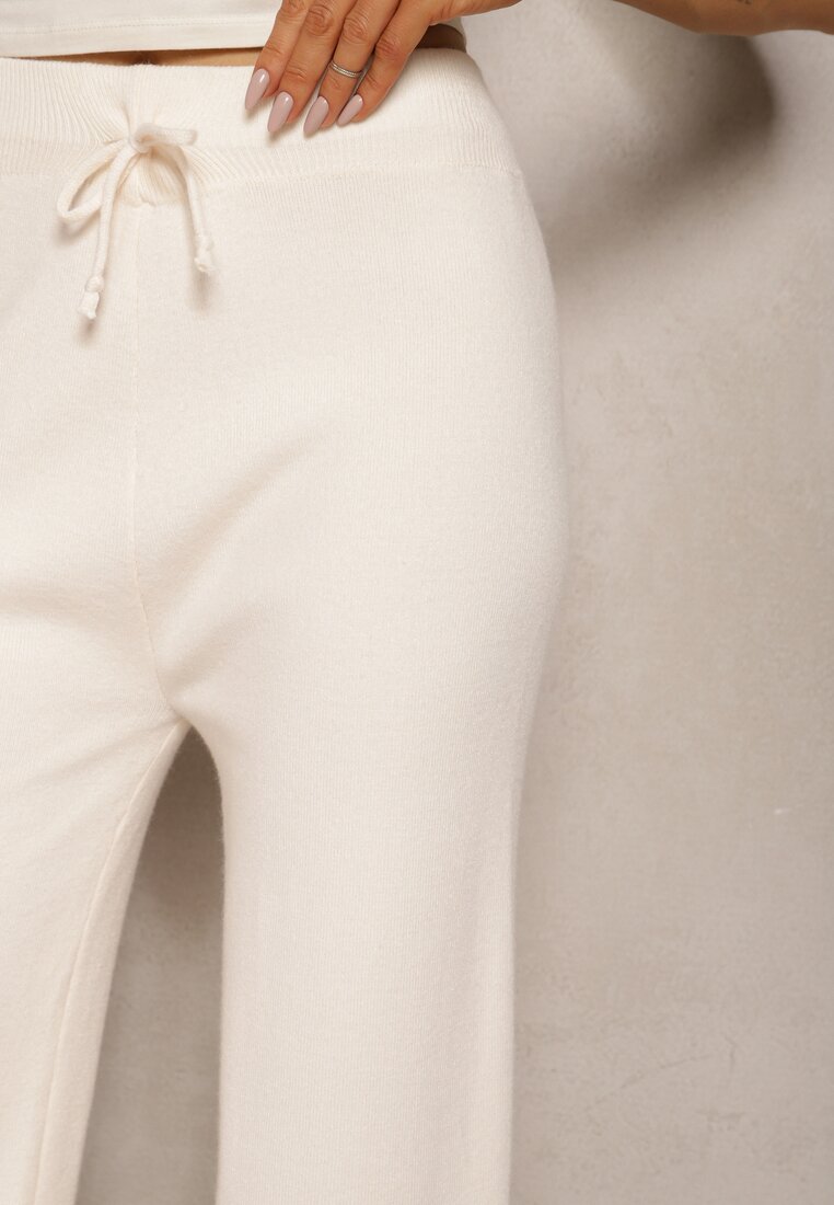 Jasnobeżowe Spodnie o Szerokim Kroju High Waist z Cyrkoniami i Gumką w Pasie Loreitha