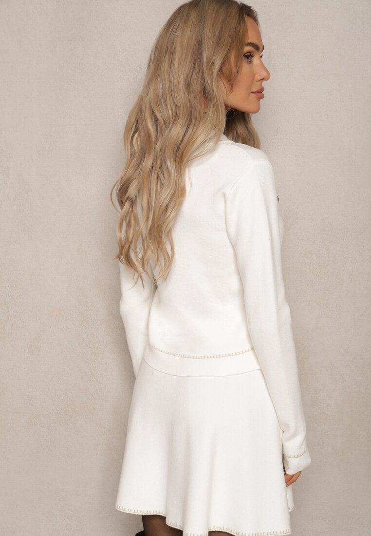 Biały Komplet 2-Częściowy z Wiskozą i Metaliczną Nicią Kardigan na Guziki Spódnica Avarellea