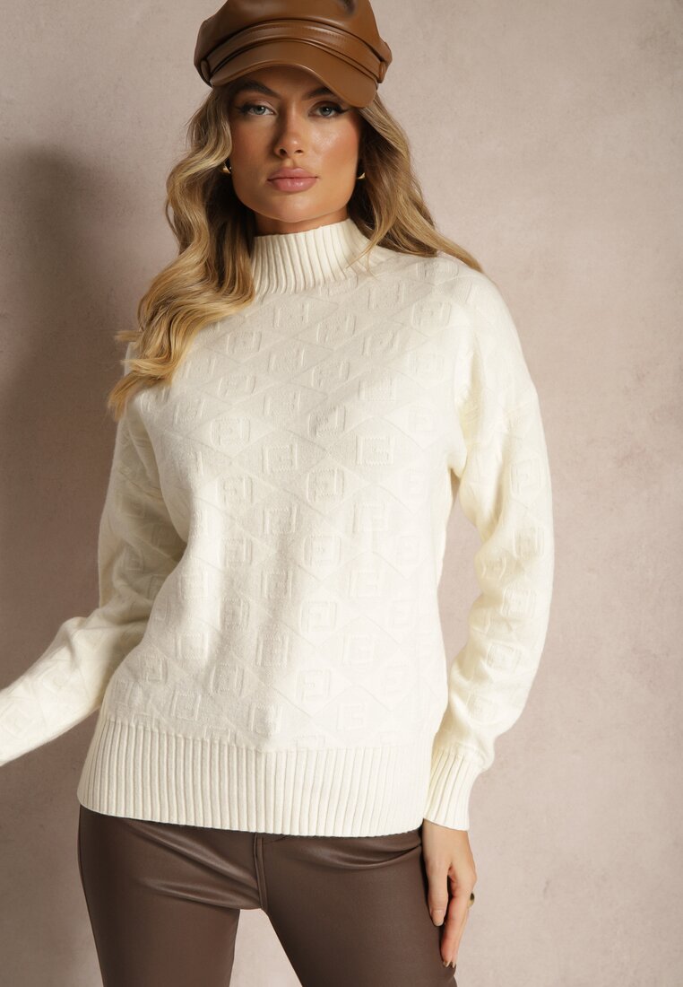 Jasnobeżowy Golf Sweter z Tłoczeniem i Ściągaczami Melovira