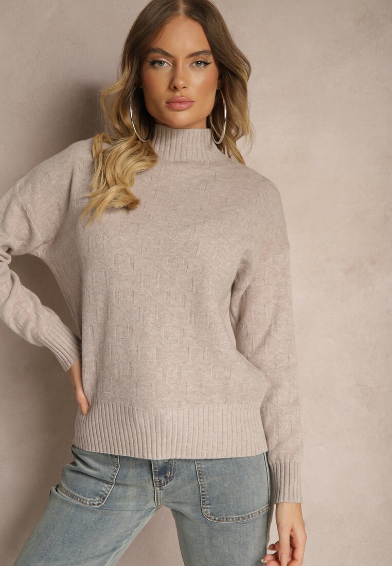 Beżowy Golf Sweter z Tłoczeniem i Ściągaczami Melovira