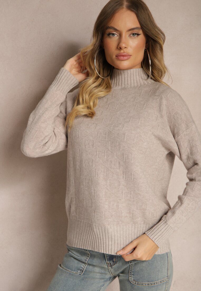 Beżowy Golf Sweter z Tłoczeniem i Ściągaczami Melovira