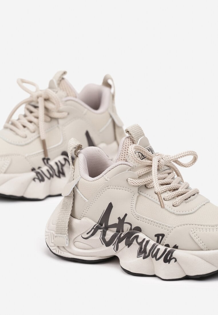 Beżowo-Czarne Buty Sportowe Sneakersy na Platformie z Napisem Alorithia