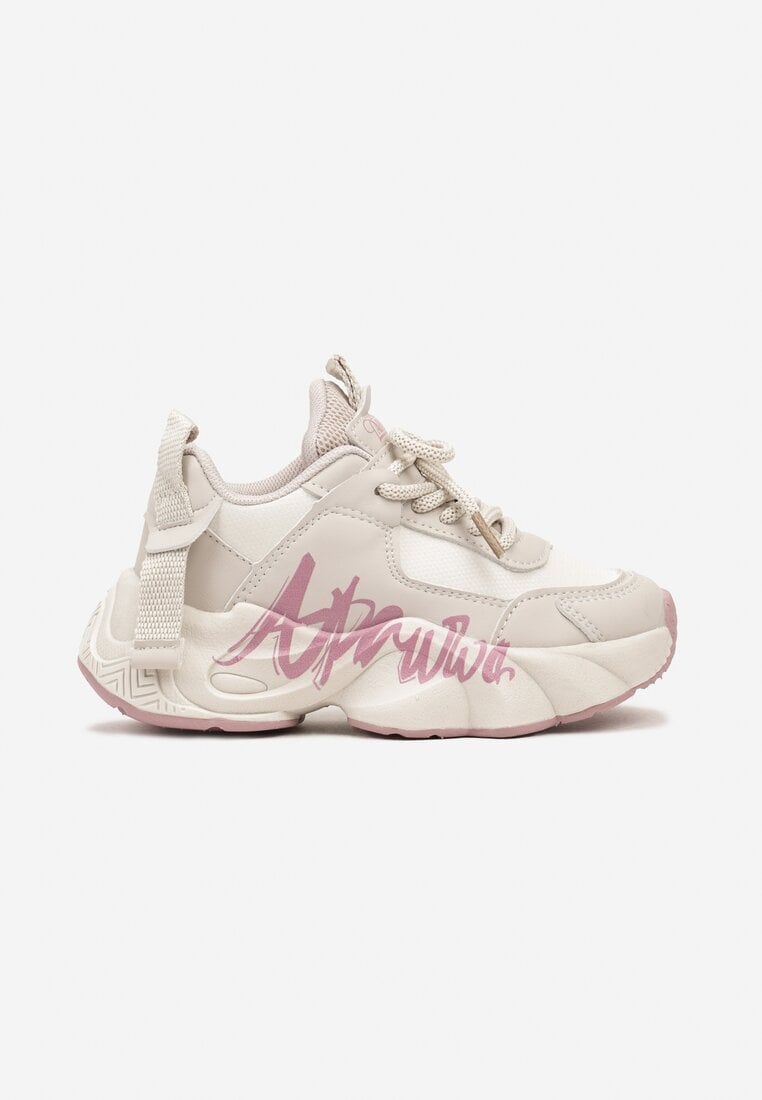 Beżowo-Różowe Buty Sportowe Sneakersy na Platformie z Napisem Alorithia