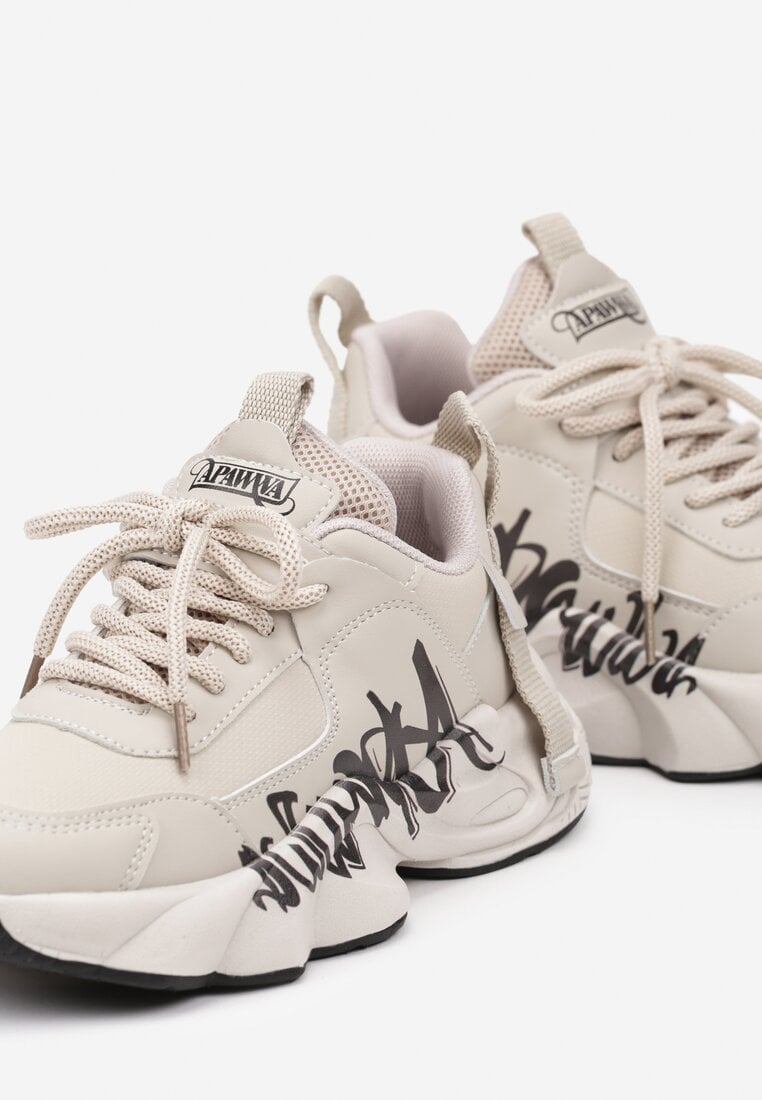 Beżowo-Czarne Buty Sportowe Sneakersy na Platformie z Tłoczeniem z Napisem Valerisia