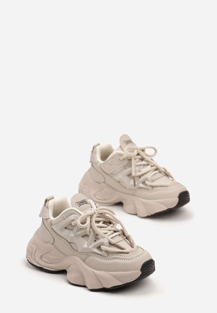 Beżowe Buty Sportowe Sneakersy na Platformie z Tłoczeniem i Sznurowaniem Giseloria