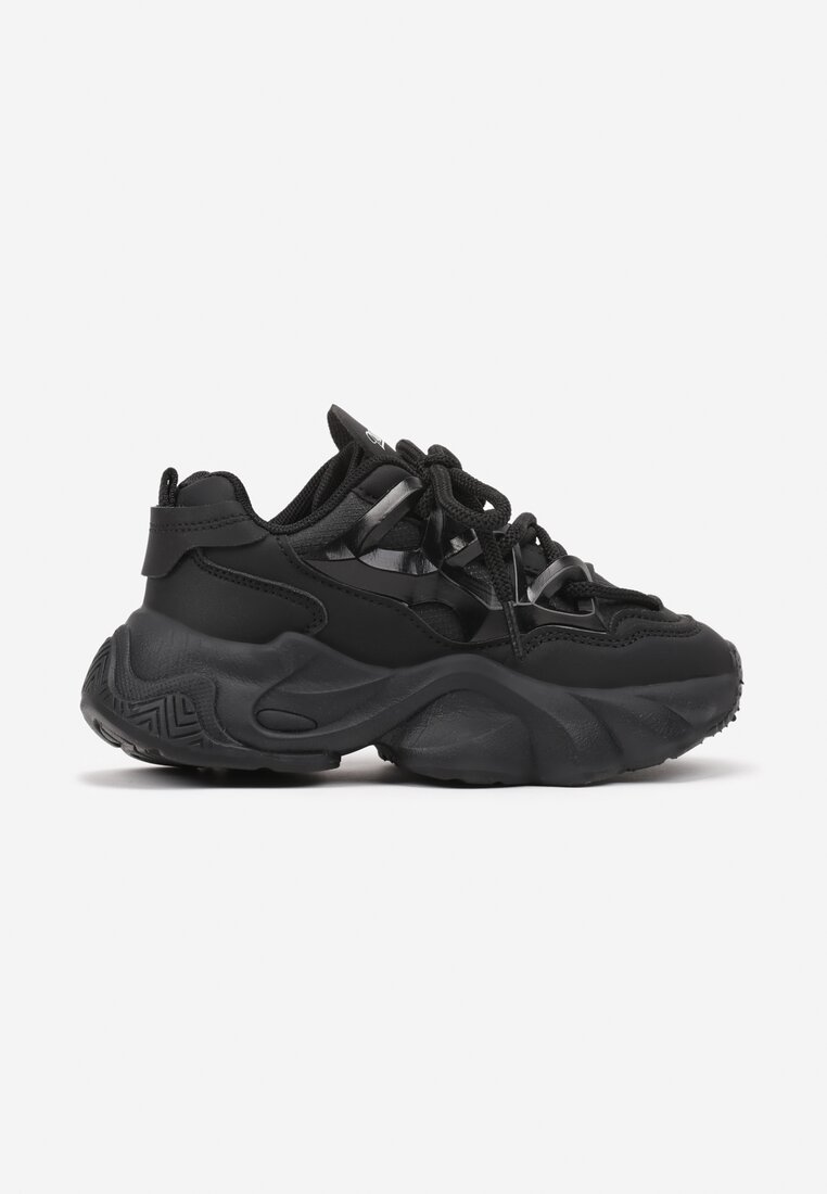 Czarne Buty Sportowe Sneakersy na Platformie z Tłoczeniem i Sznurowaniem Giseloria