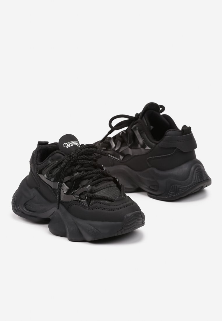 Czarne Buty Sportowe Sneakersy na Platformie z Tłoczeniem i Sznurowaniem Giseloria