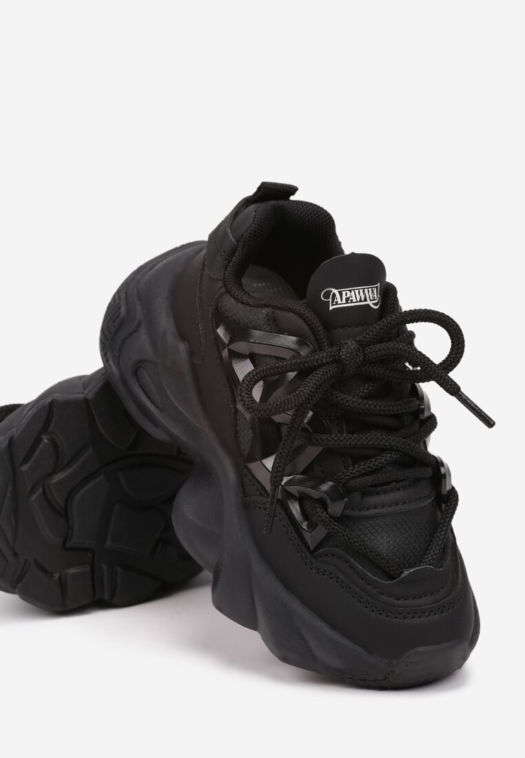 Czarne Buty Sportowe Sneakersy na Platformie z Tłoczeniem i Sznurowaniem Giseloria