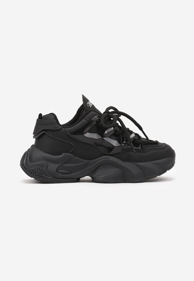 Czarne Buty Sportowe Sneakersy na Platformie z Tłoczeniem i Sznurowaniem Isolaria