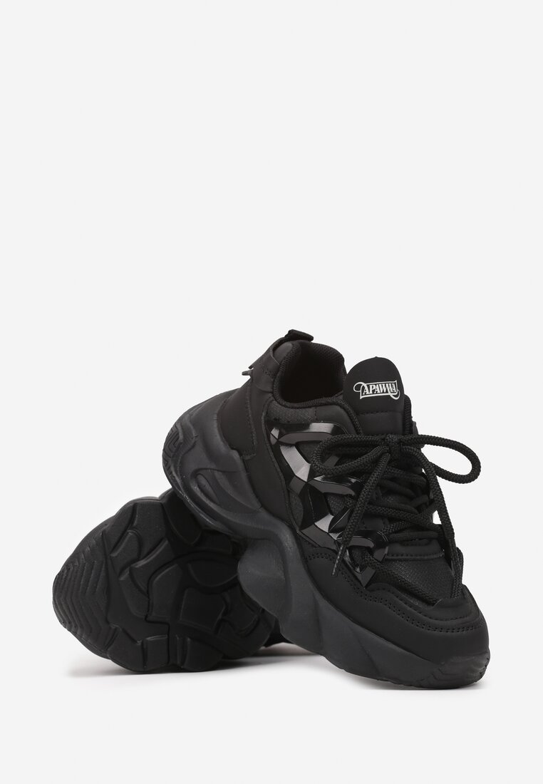 Czarne Buty Sportowe Sneakersy na Platformie z Tłoczeniem i Sznurowaniem Isolaria