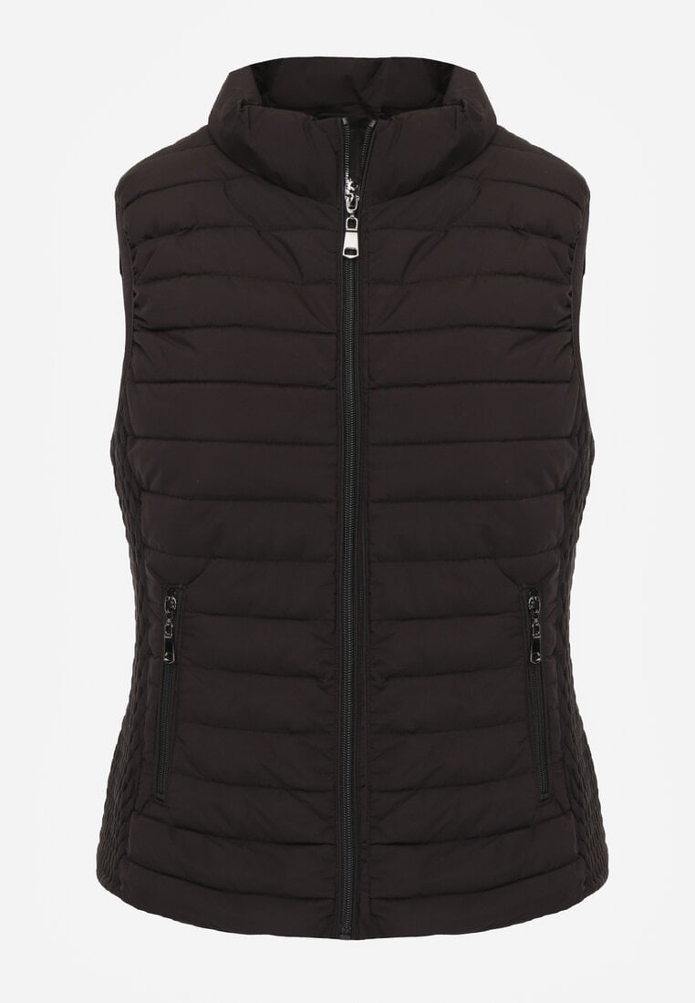 Czarna Kamizelka ze Stójką z Pikowaniem i Kieszeniami Valoreth