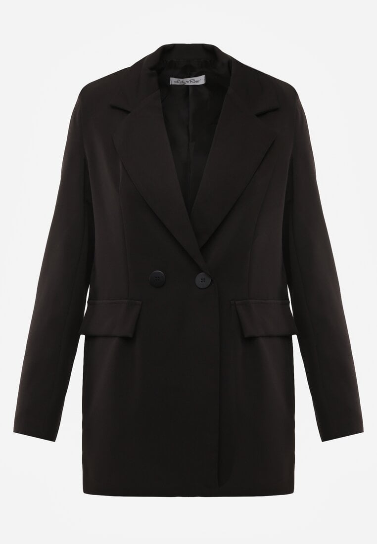 Czarna Pudełkowa Marynarka Dwurzędowa z Ozdobnymi Kieszeniami Salobine