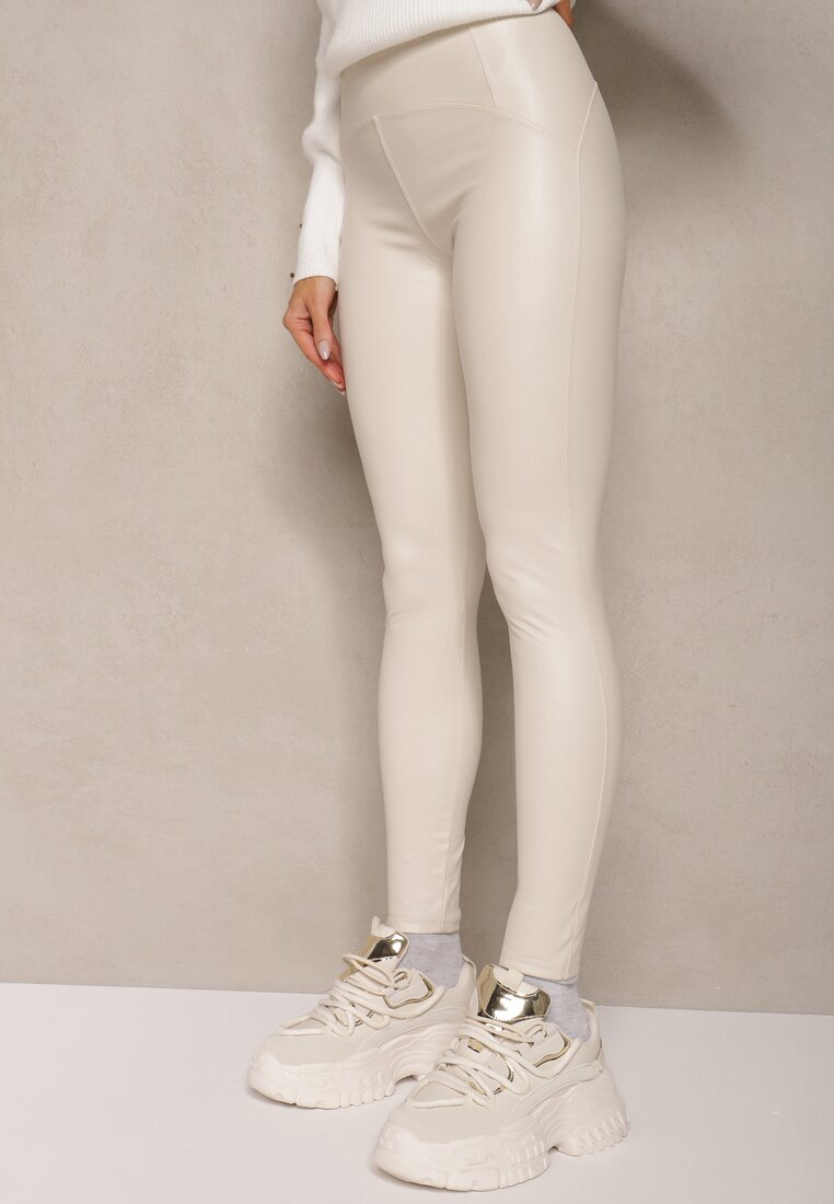 Białe Legginsy z Imitacji Skóry High Waist z Polarem Labrinne