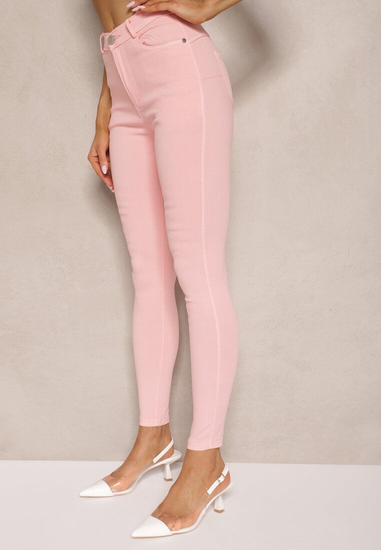 Różowe Skinny Jeansy z Bawełną High Waist Lorie