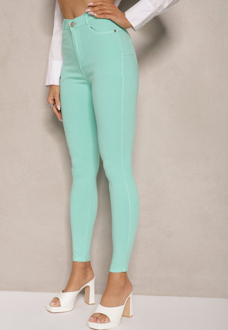 Miętowe Skinny Jeansy z Bawełną High Waist Lorie