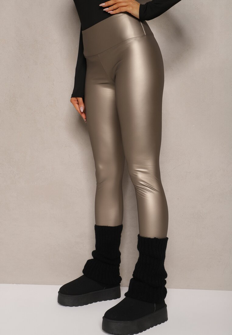 Srebrne Legginsy z Imitacji Skóry High Waist z Polarem Selabra