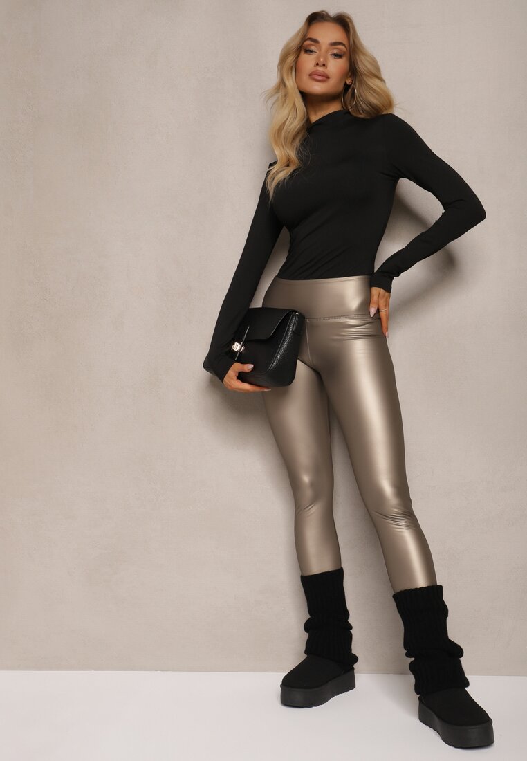 Srebrne Legginsy z Imitacji Skóry High Waist z Polarem Selabra