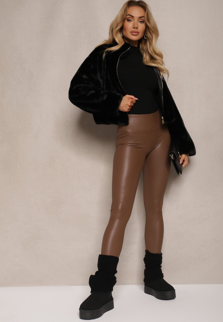 Brązowe Legginsy z Imitacji Skóry High Waist z Polarem Selabra