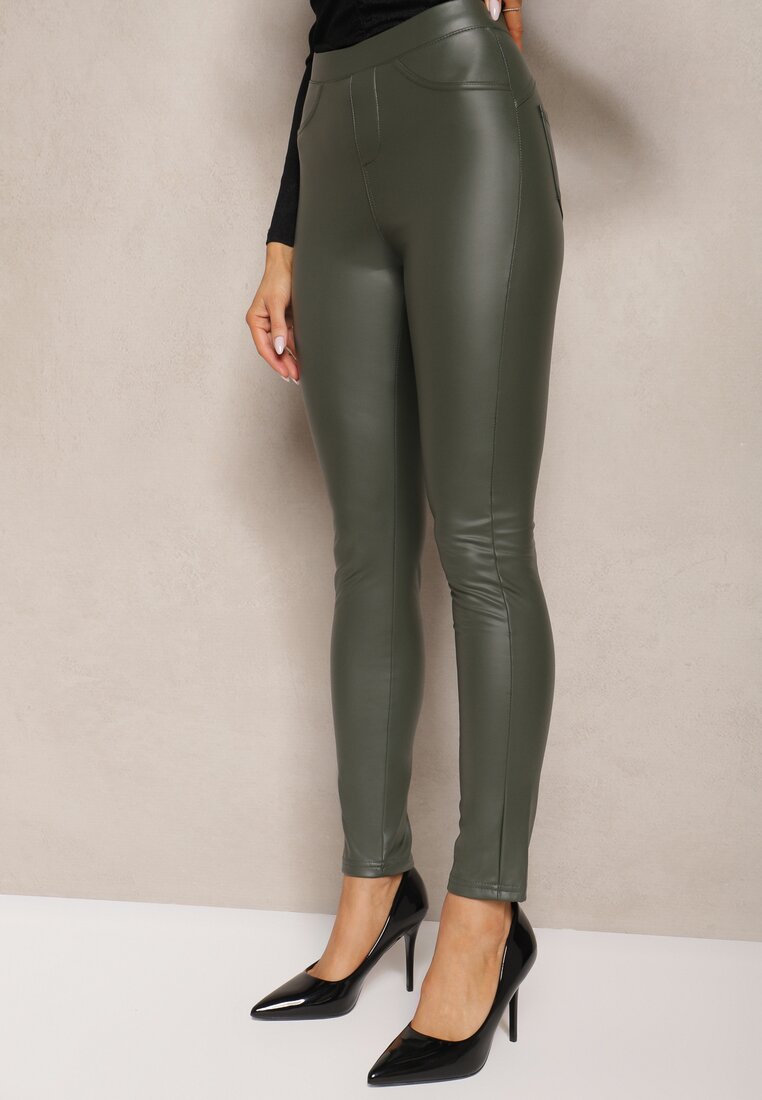 Ciemnozielone Legginsy z Imitacji Skóry High Waist Noriel