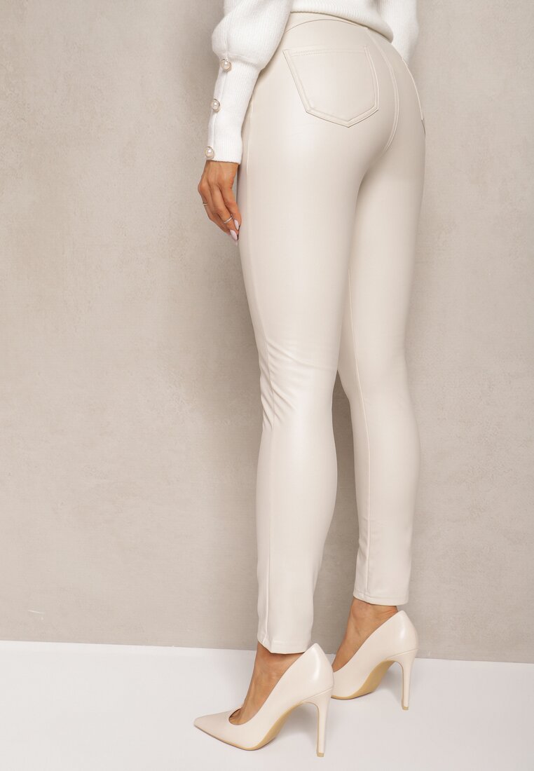 Ciemnobeżowe Legginsy z Imitacji Skóry High Waist Noriel