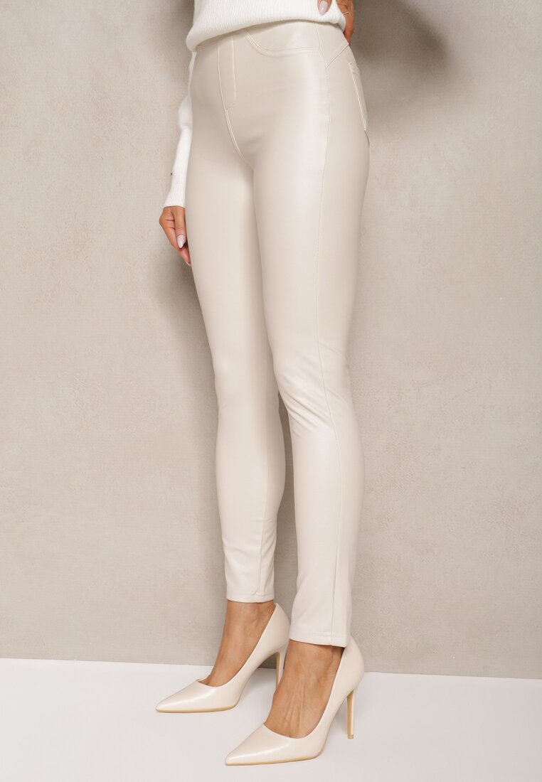 Ciemnobeżowe Legginsy z Imitacji Skóry High Waist Noriel