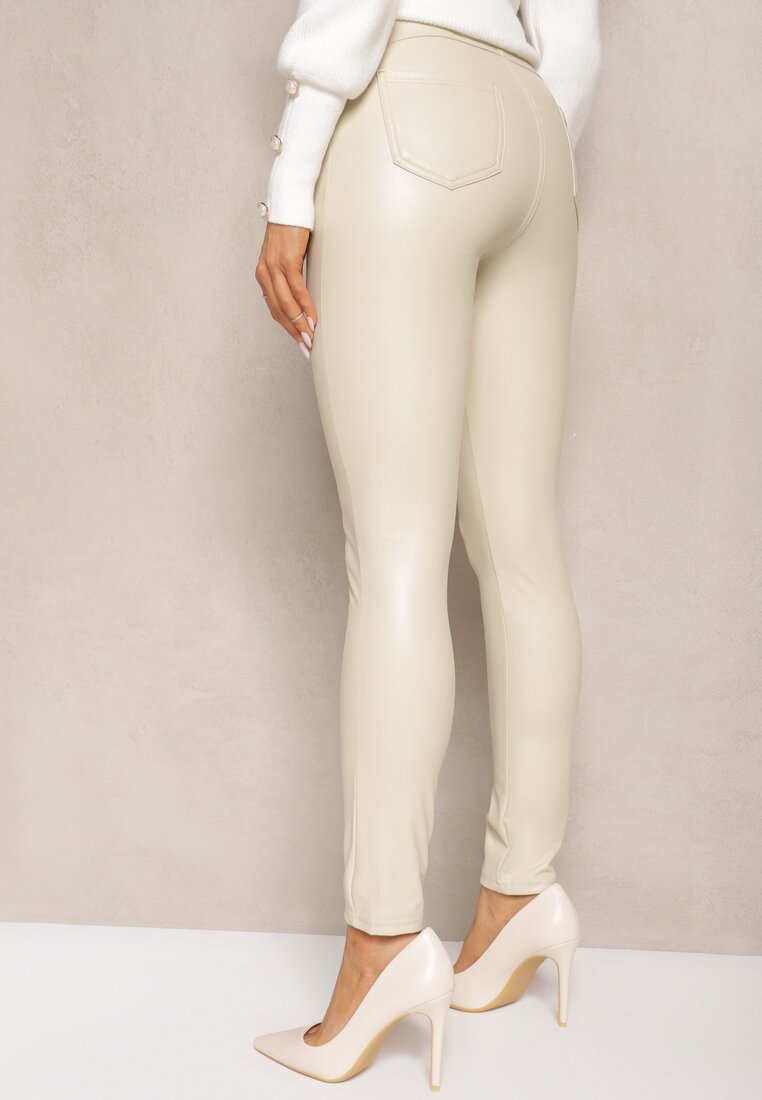 Beżowe Legginsy z Imitacji Skóry High Waist Noriel