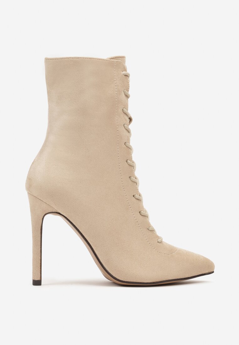 Beżowe Sznurowane Botki na Szpilce Belavelle