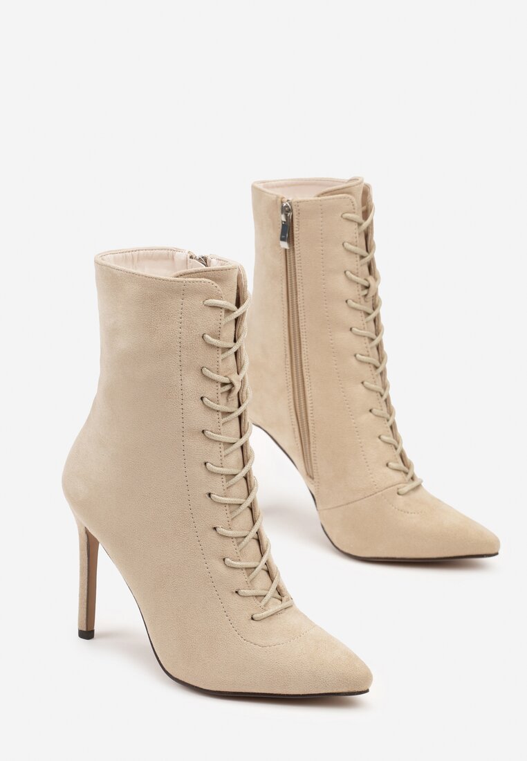 Beżowe Sznurowane Botki na Szpilce Belavelle
