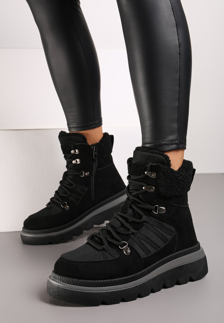 Czarne Futerkowe Traperki na Niskiej Platformie Linivora